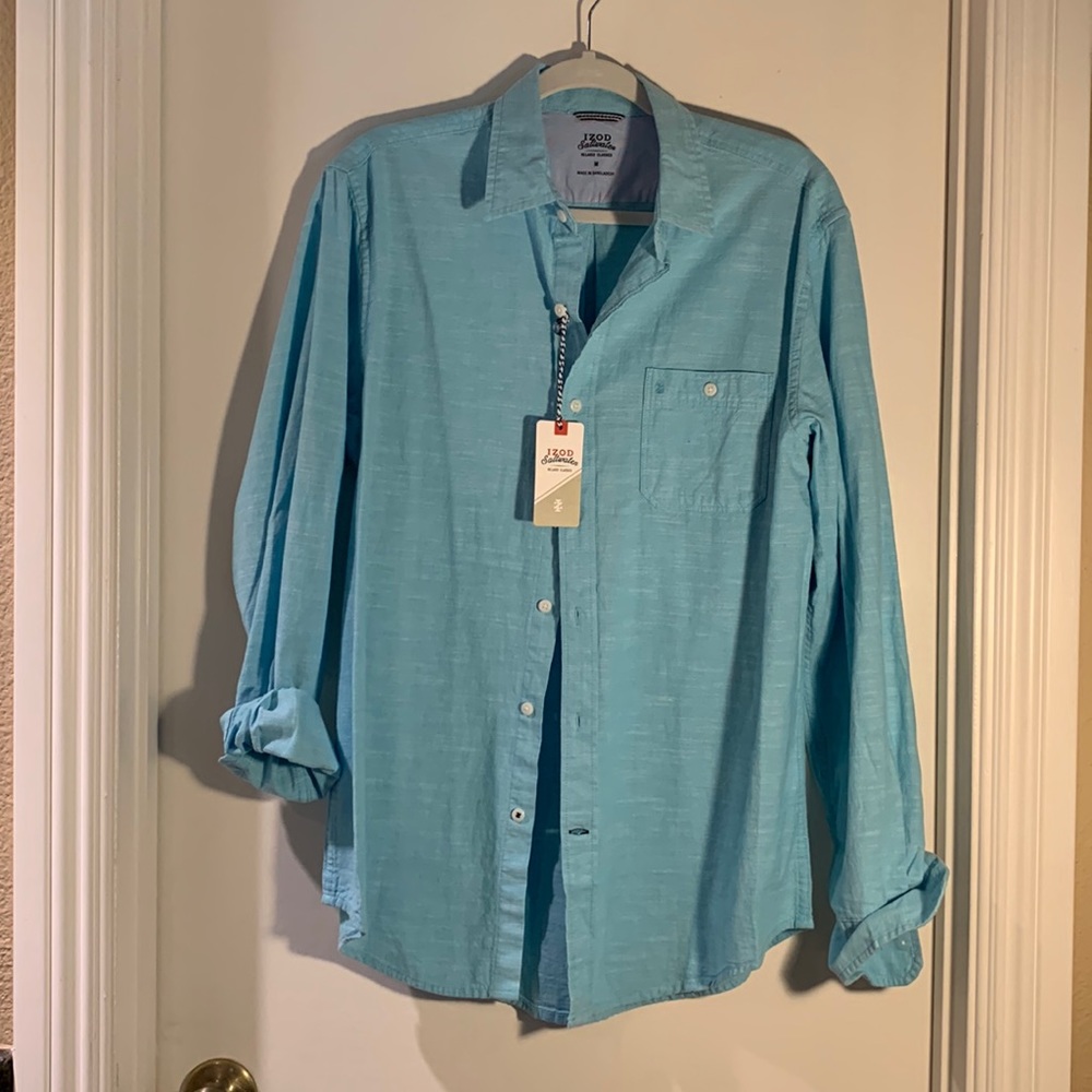 Cotton summer classic long sleeve shirt.Sea blue NWT Chambray weave, back yoke M